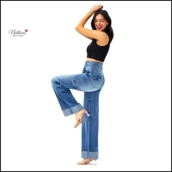 High Waisted Stretchy Wide Leg Jeans, Cuffed Baggy Denim Pants, 29.92 Inseam - Picture 7 of 7